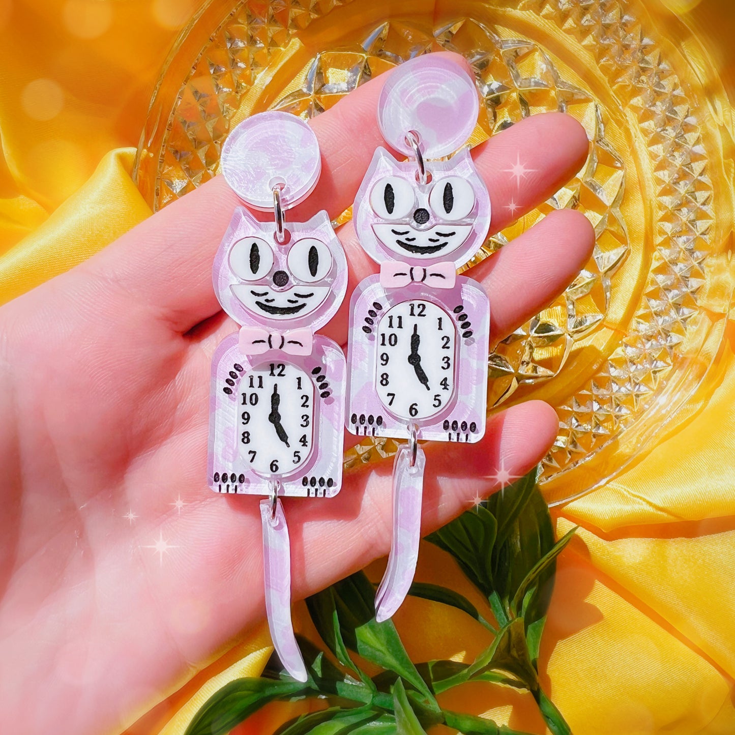 Pink Cow Cat Clock Acrylic Earrings, Keychains, Pins