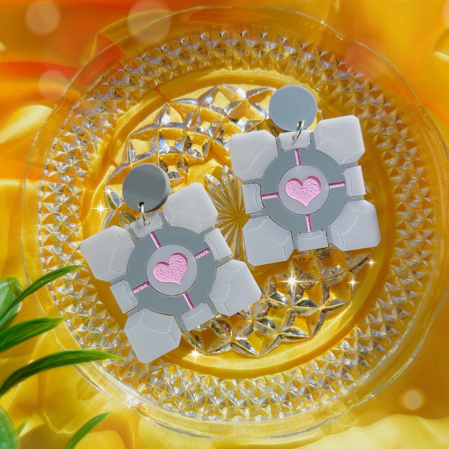 Companion Cube Acrylic Earrings, Keychains, Pins