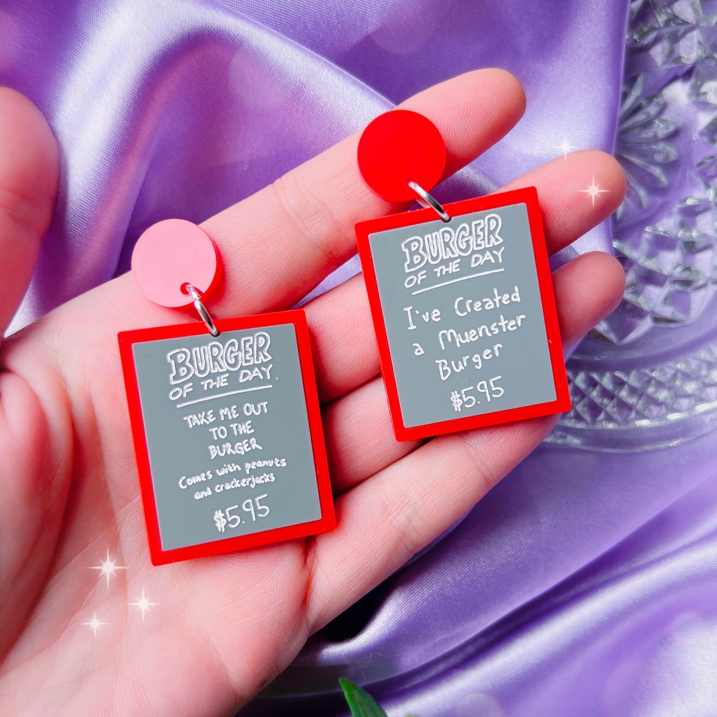 Burger of the Day Acrylic Earrings, Keychains, Pins