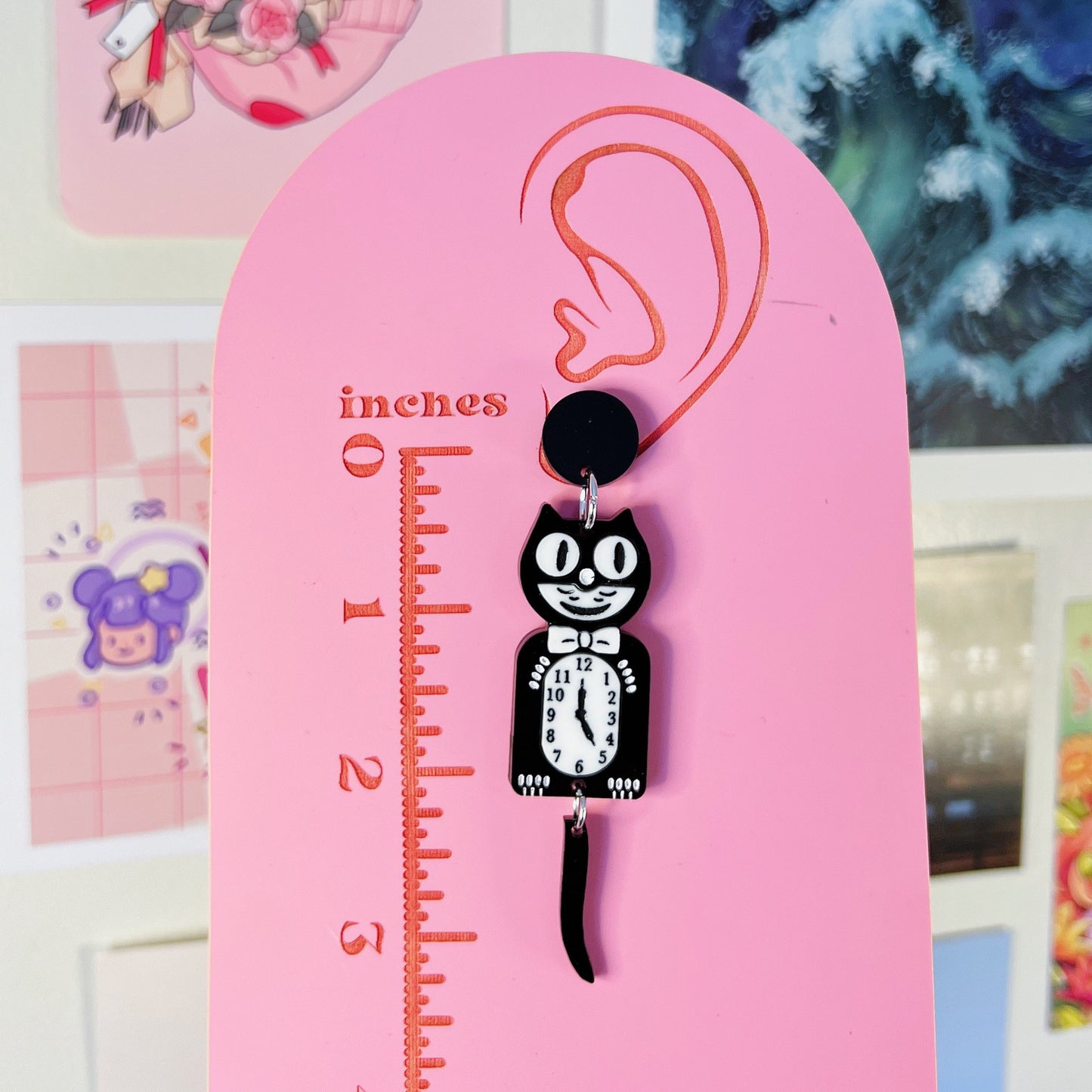 Black Cat Clock Acrylic Earrings, Keychains, Pins