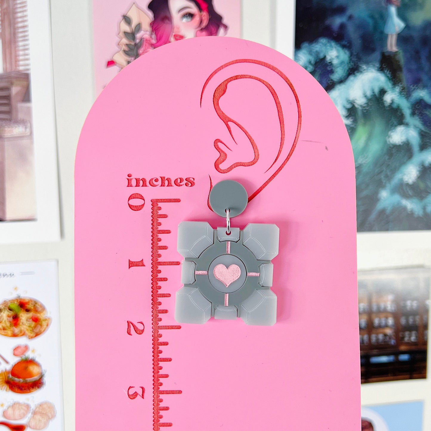 Companion Cube Acrylic Earrings, Keychains, Pins