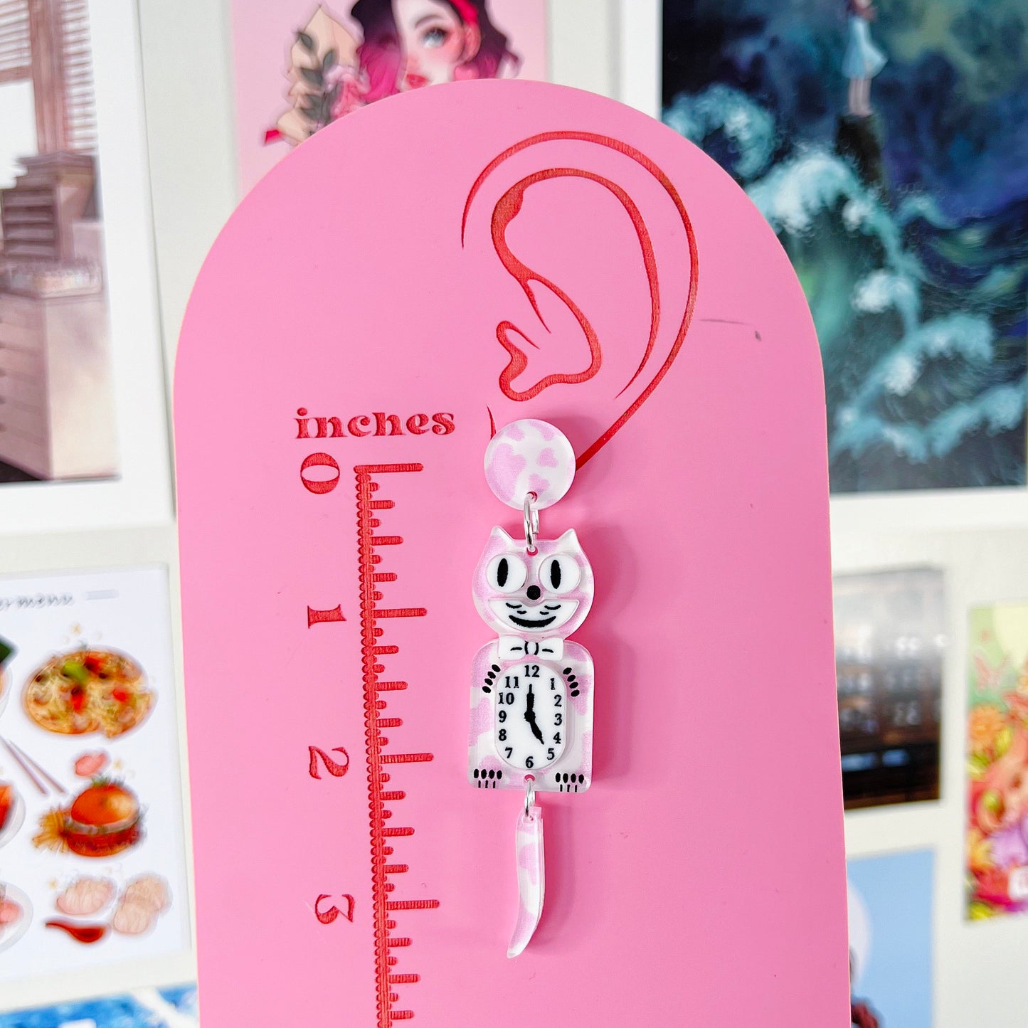 Pink Cow Cat Clock Acrylic Earrings, Keychains, Pins