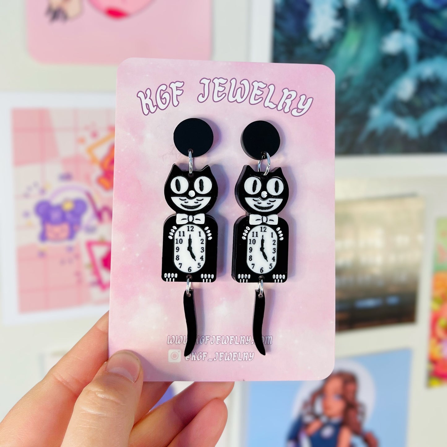 Black Cat Clock Acrylic Earrings, Keychains, Pins