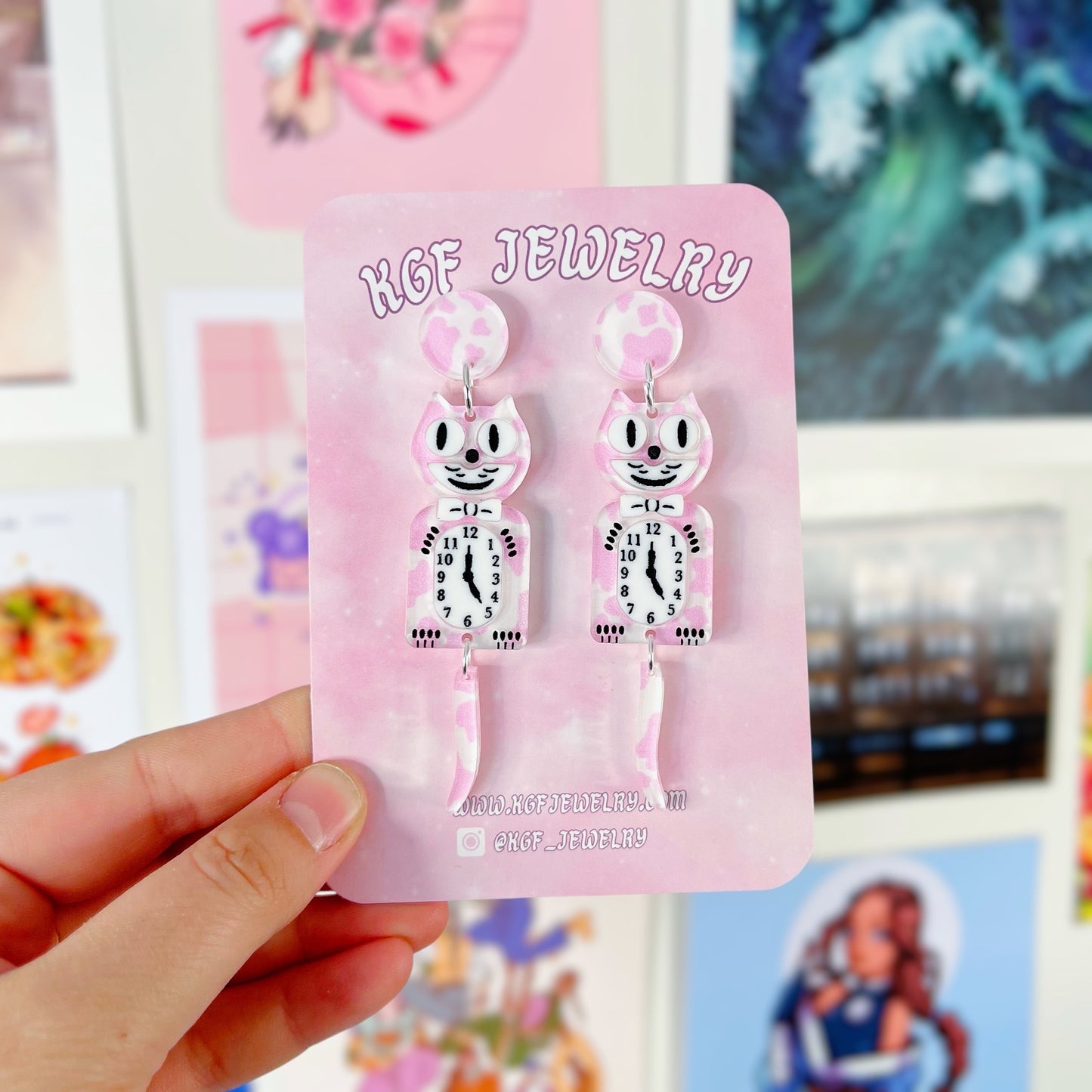 Pink Cow Cat Clock Acrylic Earrings, Keychains, Pins