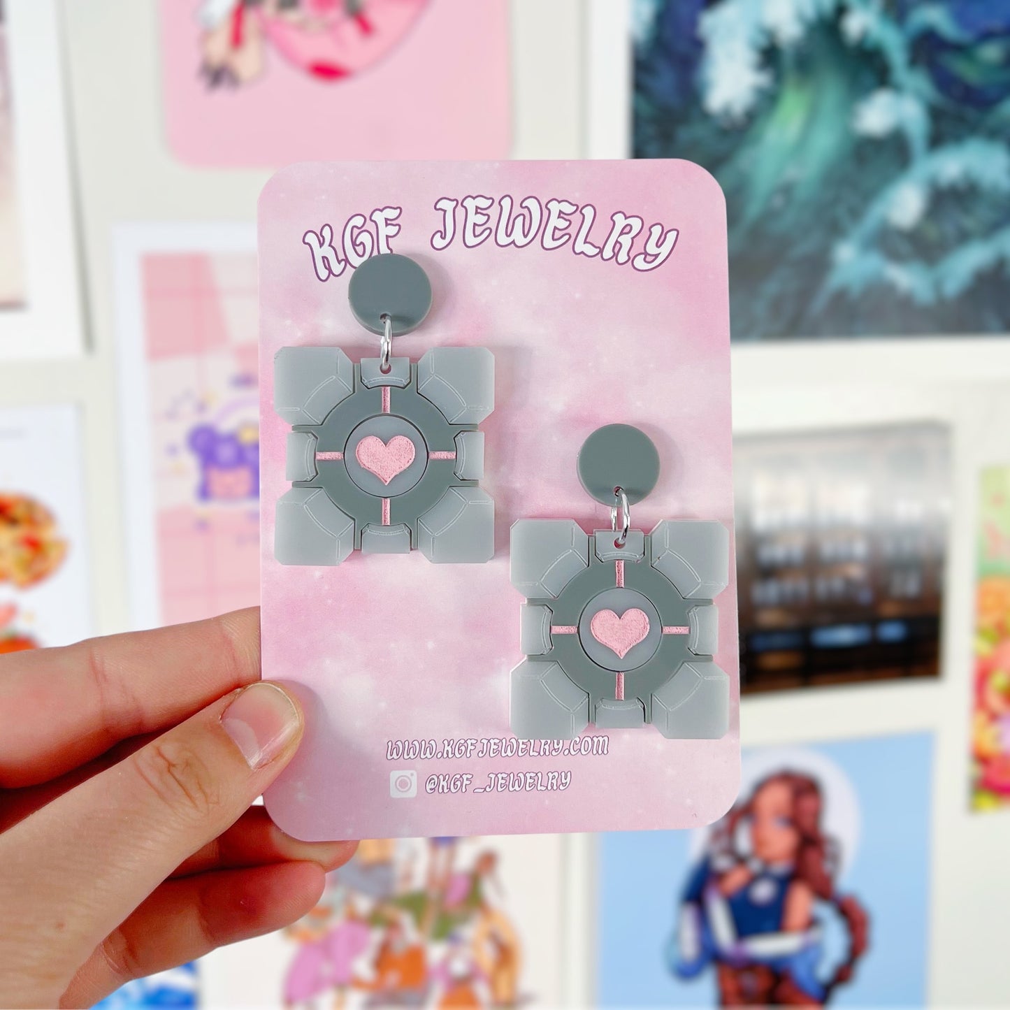 Companion Cube Acrylic Earrings, Keychains, Pins