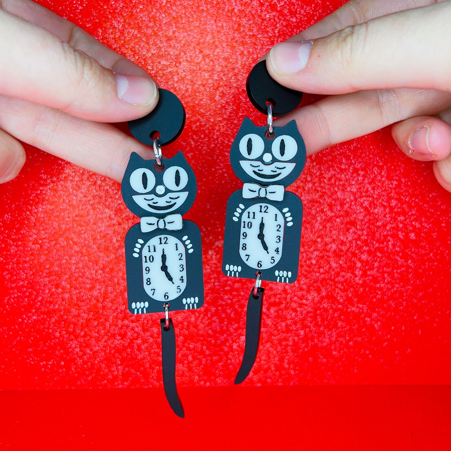 Black Cat Clock Acrylic Earrings, Keychain, Pin