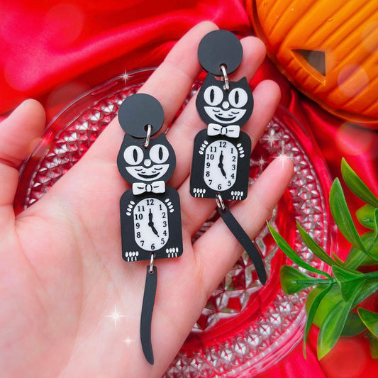 Black Cat Clock Acrylic Earrings, Keychain, Pin