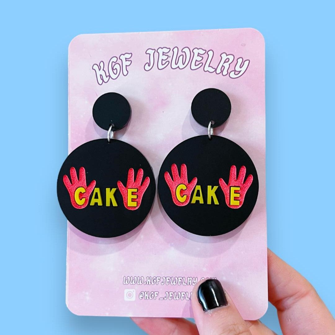 Cake Logo Acrylic Earrings, Keychain, Pin