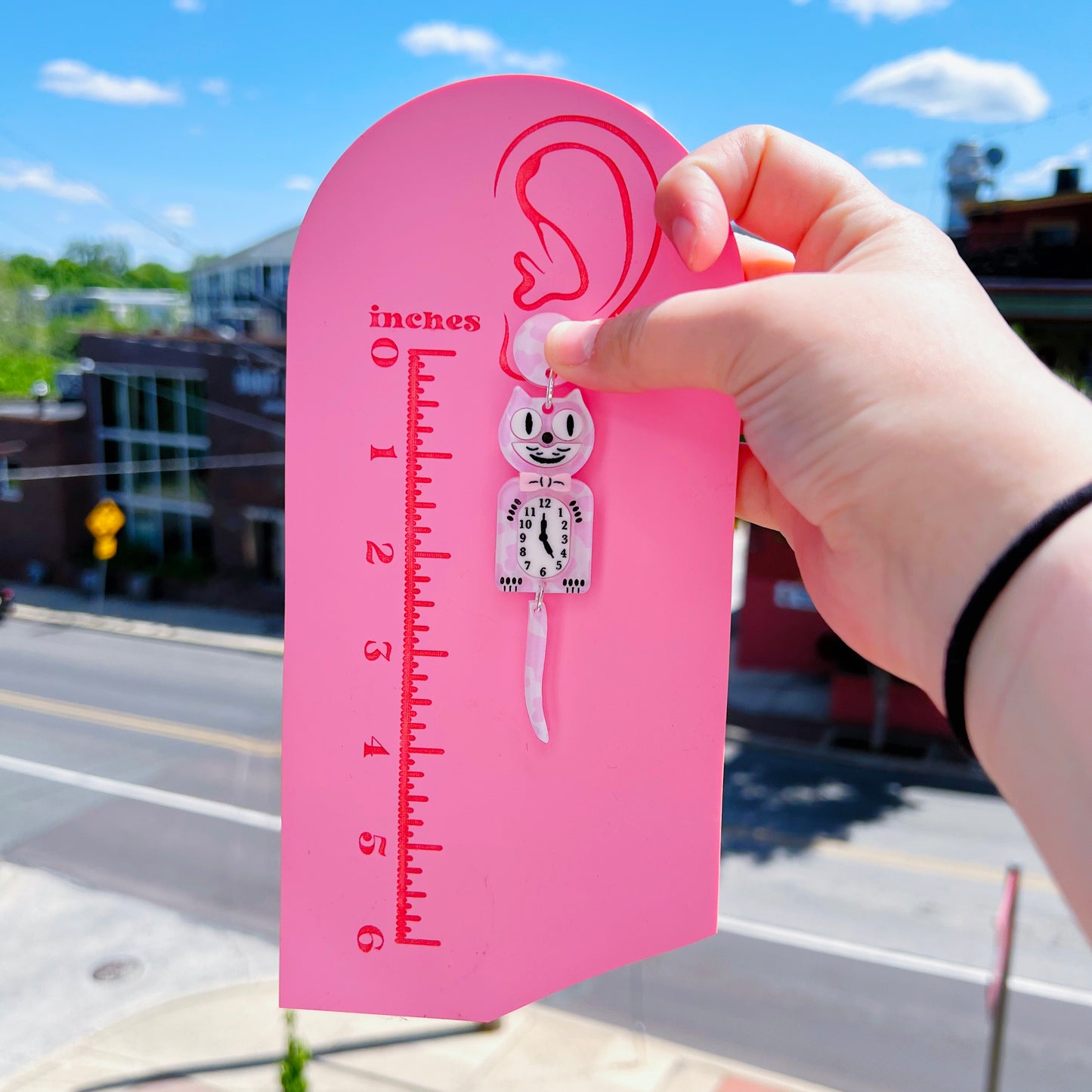 Pink Cow Cat Clock Acrylic Earrings, Keychains & Pins