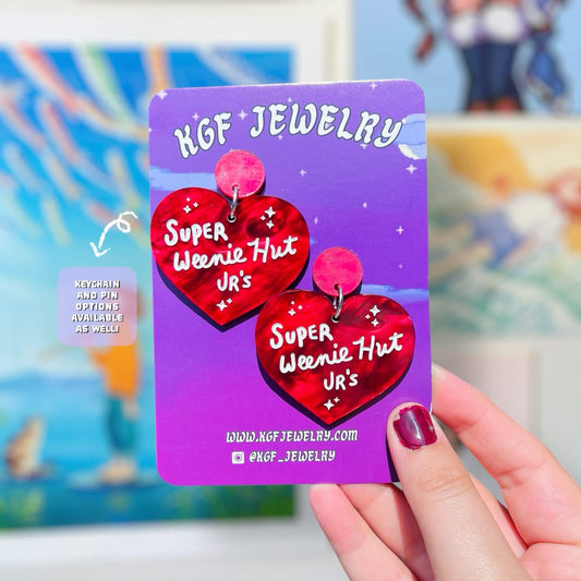 Super Weenie Hearts Handmade Acrylic Statement Earrings, Keychains, Pins