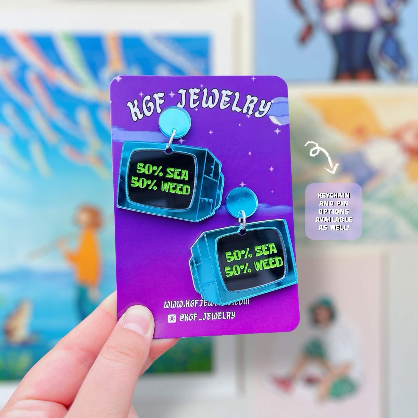 50% Sea Weed Meme Handmade Acrylic Statement Earrings, Keychains, Pins