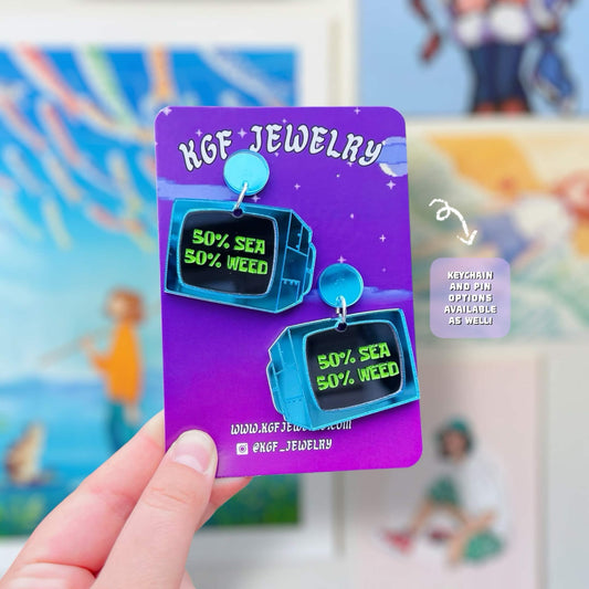 50% Sea Weed Meme Handmade Acrylic Statement Earrings, Keychains, Pins