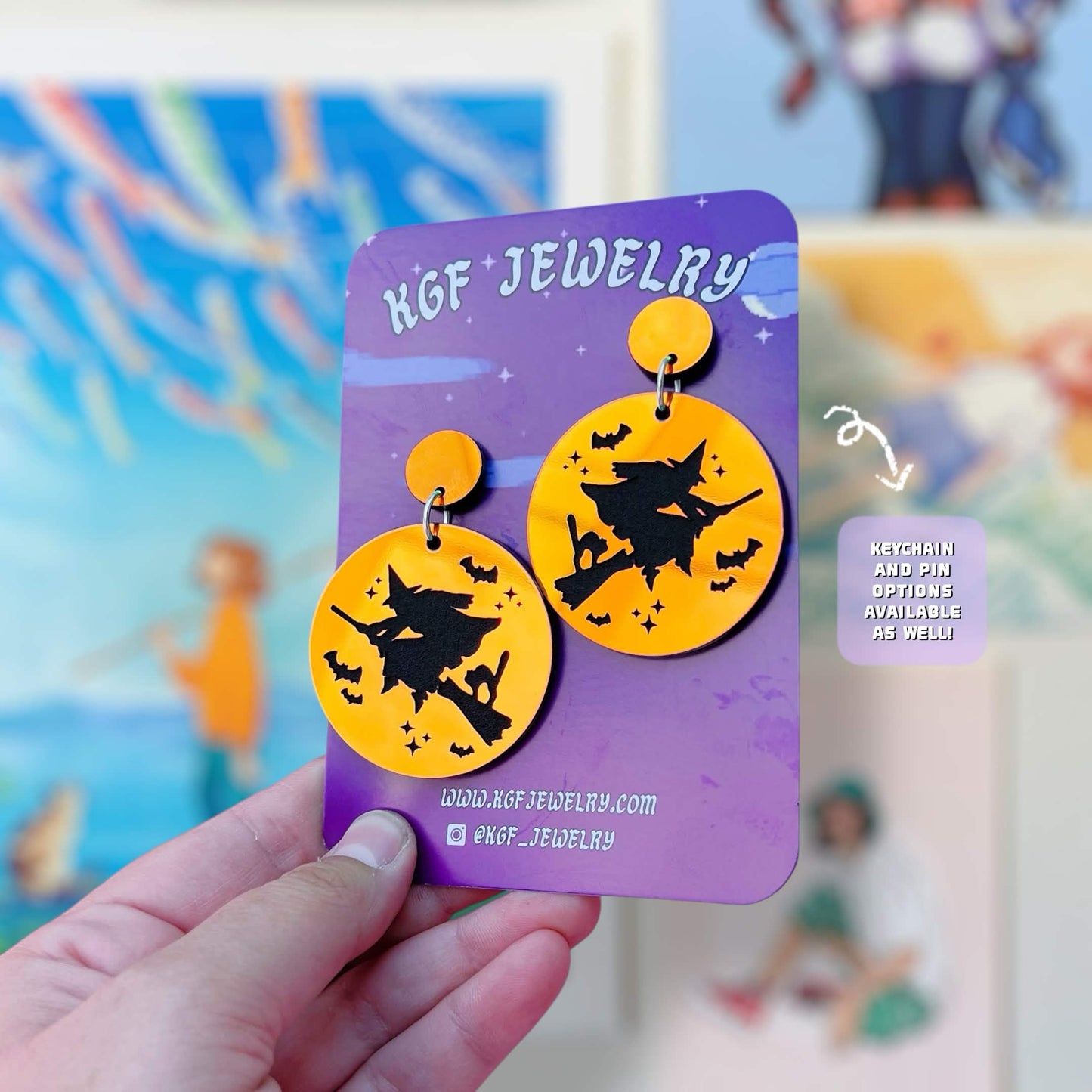 Witch Flight Halloween Handmade Acrylic Statement Earrings, Keychains, Pins