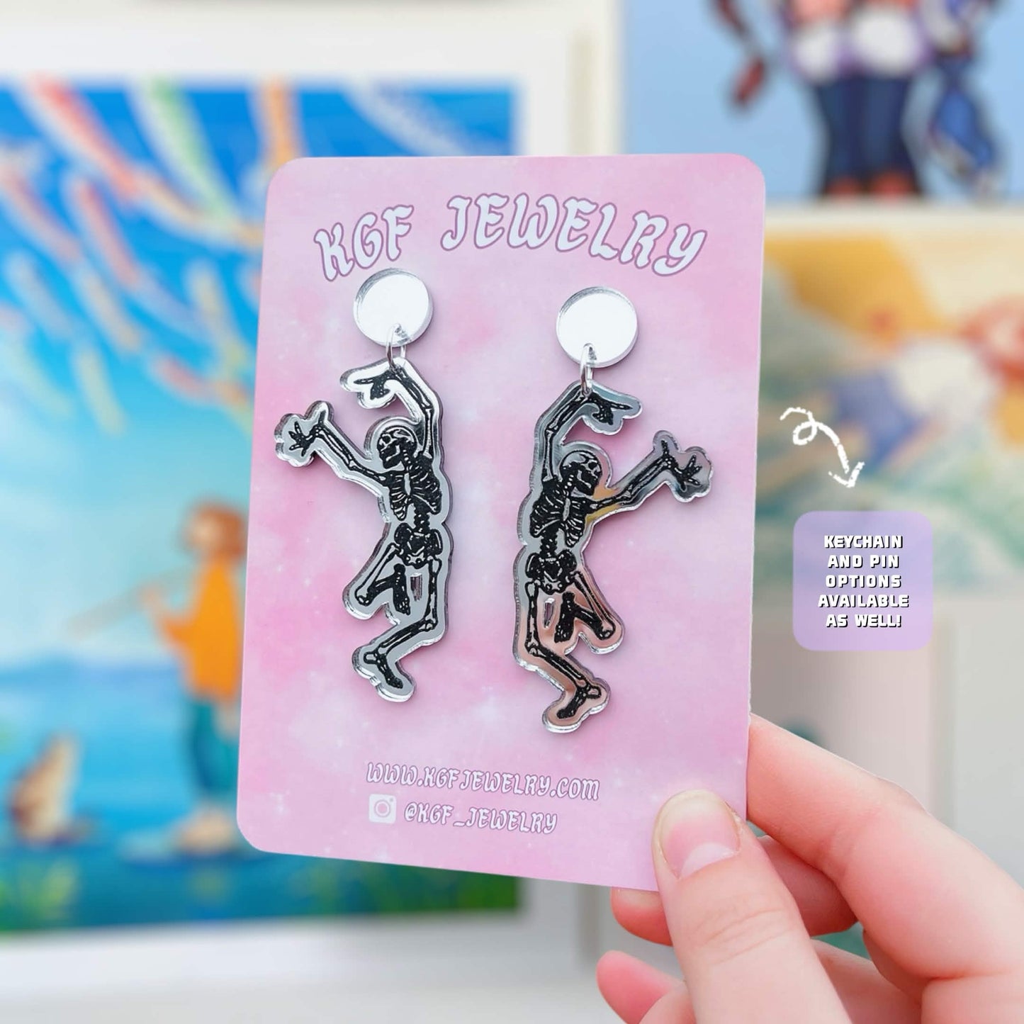 Dancing Skeleton Halloween Handmade Acrylic Statement Earrings, Keychains, Pins