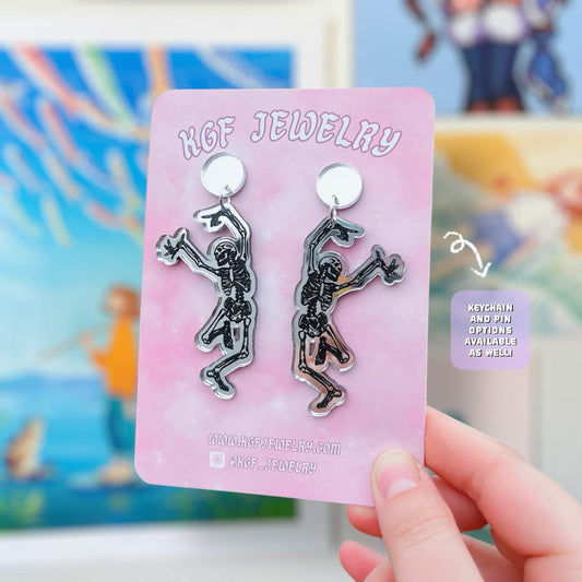 Dancing Skeleton Halloween Handmade Acrylic Statement Earrings, Keychains, Pins