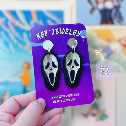 Ghostface Mask Halloween Handmade Acrylic Statement Earrings, Keychains, Pins