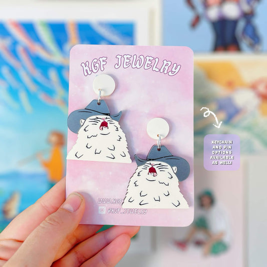Cowboy Cat Meme Handmade Acrylic Statement Earrings, Keychains, Pins