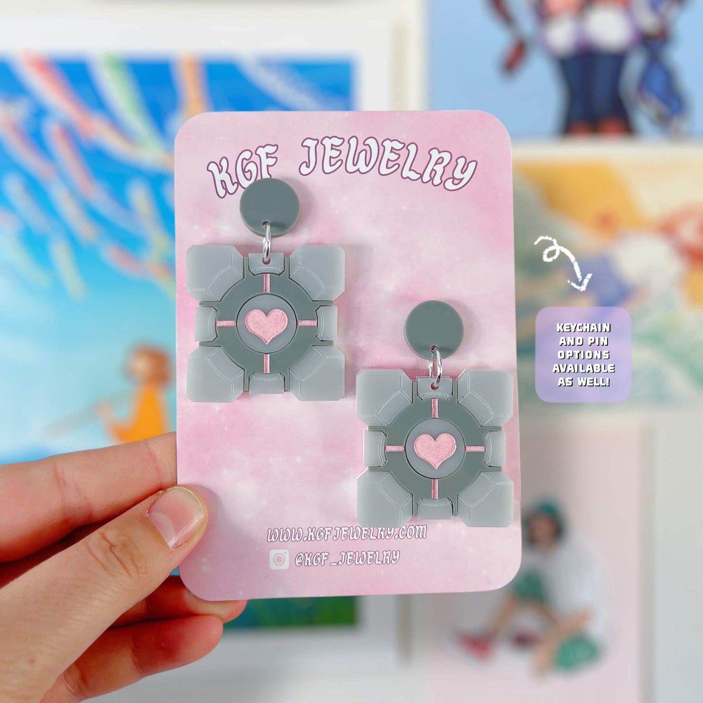 Companion Cube Video Game Handmade Acrylic Statement Earrings, Keychains, Pins