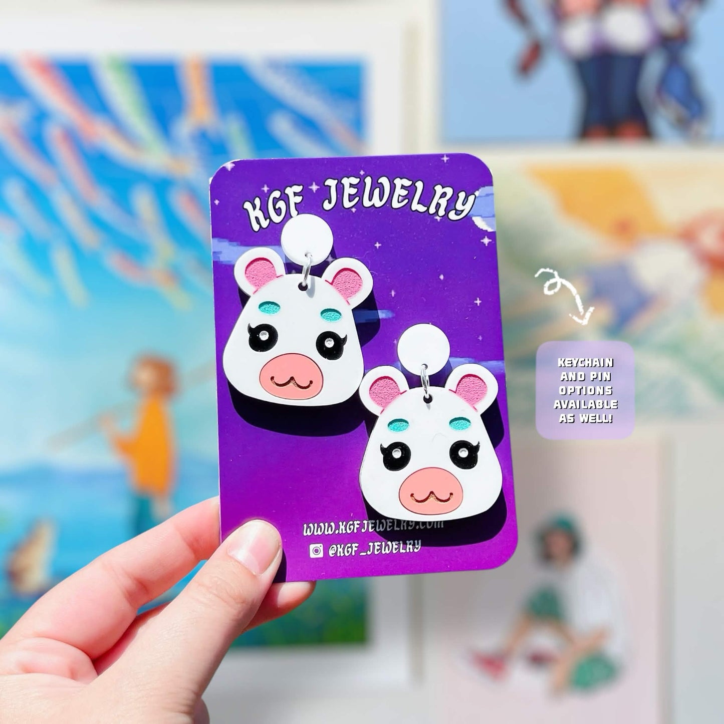 Flurry Hamster Villager Video Game Handmade Acrylic Statement Earrings, Keychains, Pins