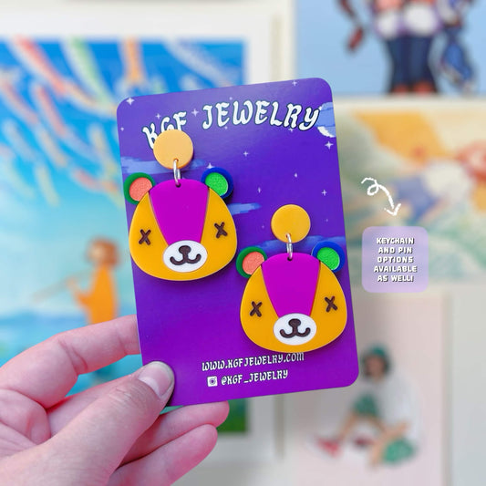 Stitches Bear Cub Villager Video Game Handmade Acrylic Earrings, Keychains, Pins