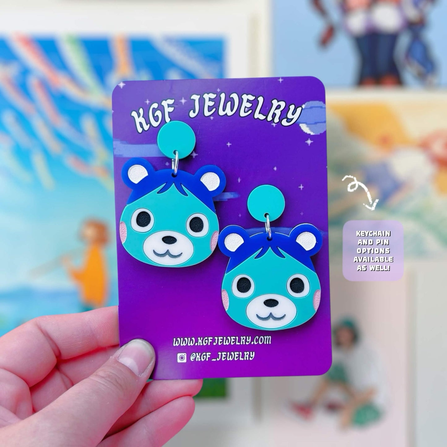 Bluebear Bear Cub Villager Video Game Handmade Acrylic Earrings, Keychains, Pins