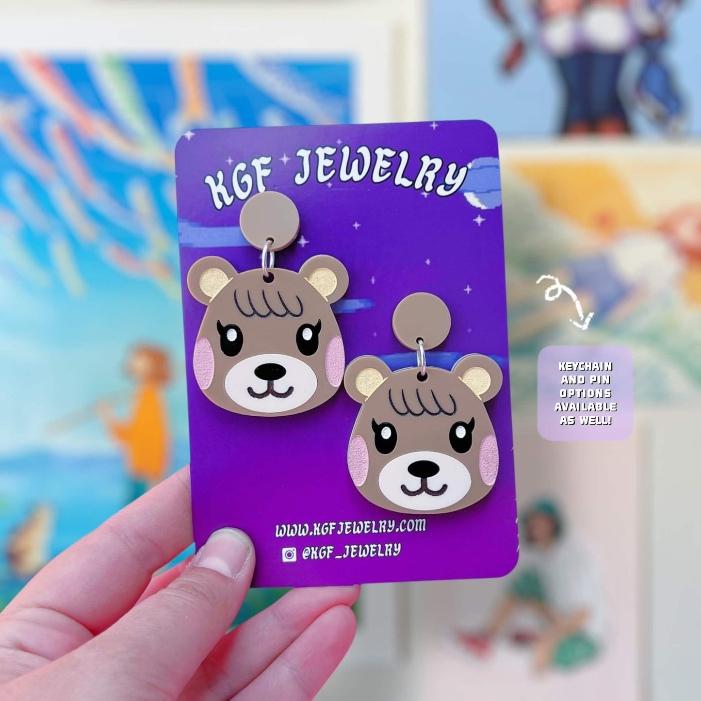 Maple Bear Cub Villager Video Game Handmade Acrylic Statement Earrings, Keychains, Pins