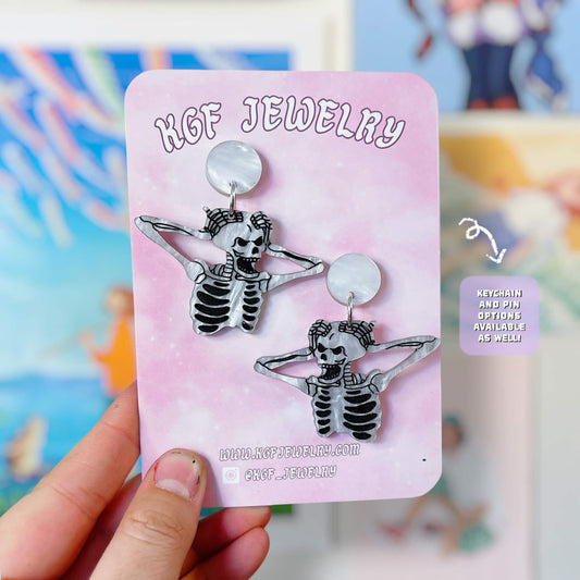Skeleton Madness Meme Handmade Acrylic Statement Earrings, Keychains, Pins