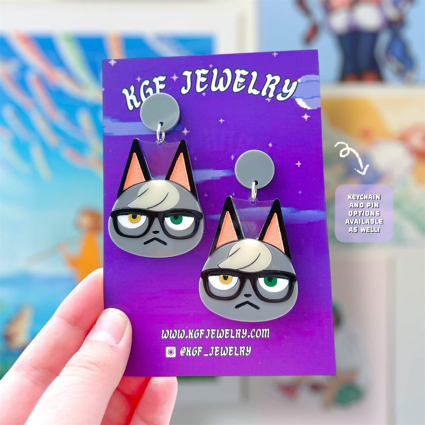 Raymond Cat Villager Video Game Handmade Acrylic Statement Earrings, Keychains, Pins