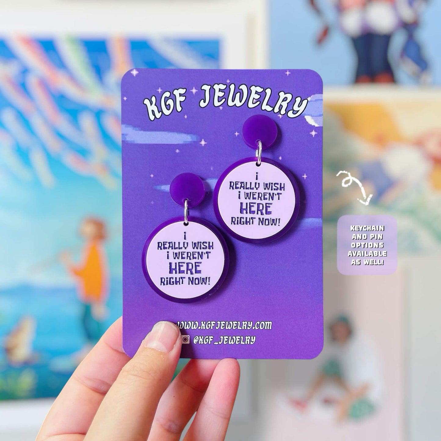 Wish I Weren’t Here Meme Handmade Acrylic Statement Earrings, Keychains & Pins