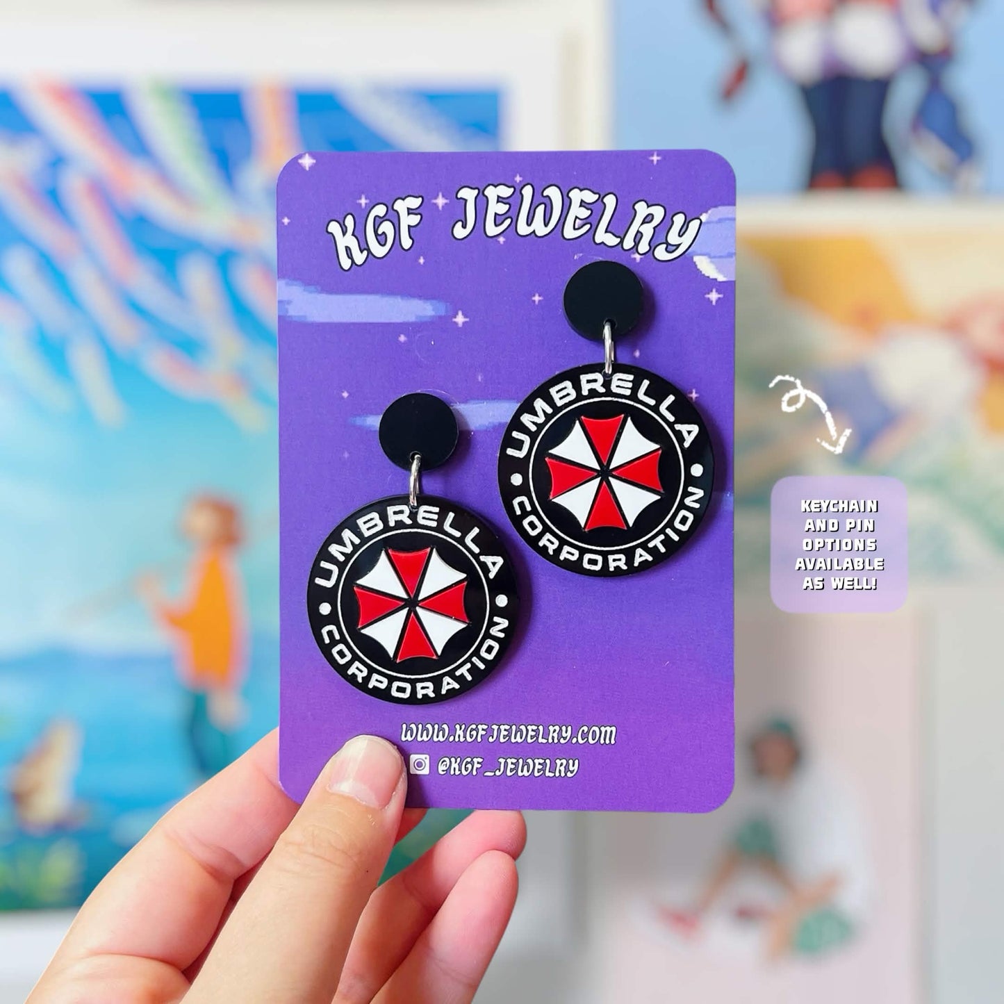 Umbrella Corp Video Game Handmade Acrylic Statement Earrings, Keychains, Pins