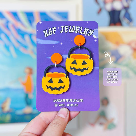 Pumpkin Halloween Candy Bucket Handmade Acrylic Earrings, Keychains, Pins