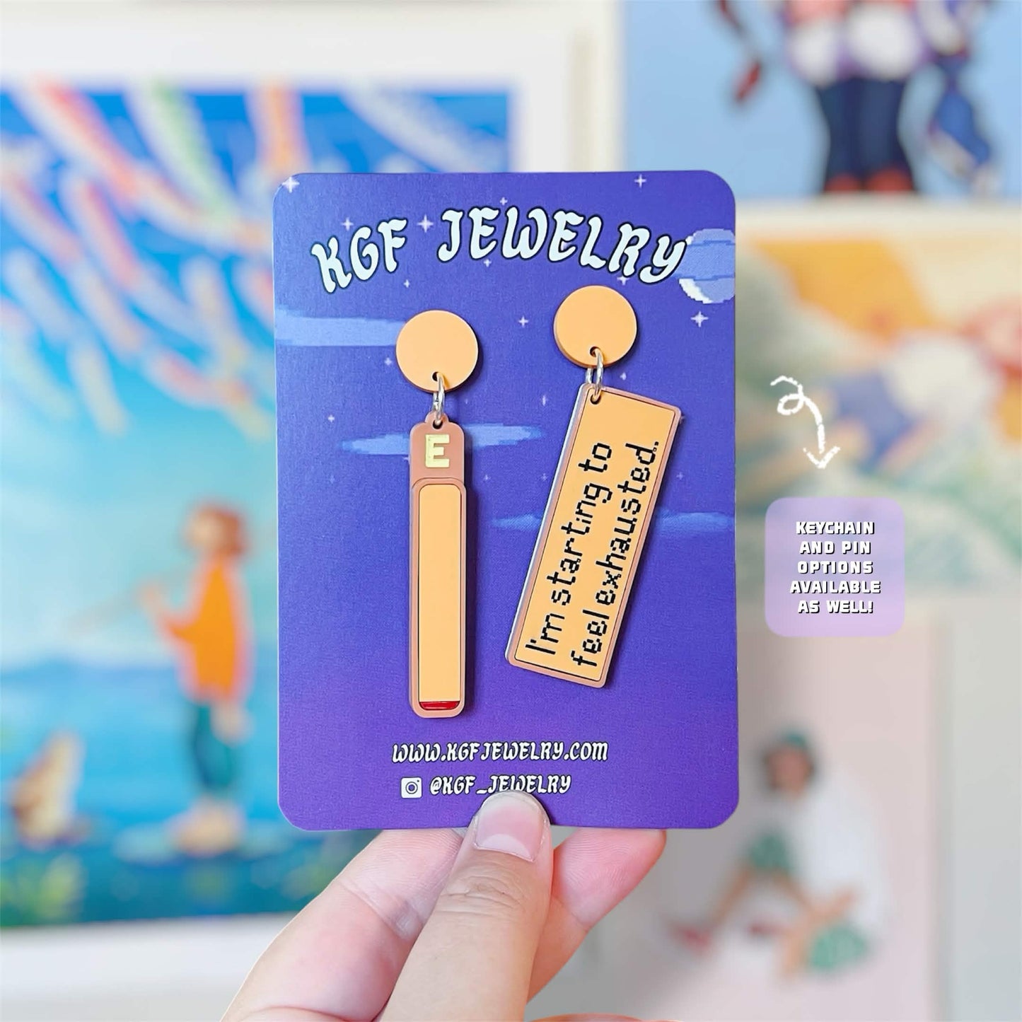 Exhausted Message Video Game Handmade Acrylic Earrings, Keychains, Pins