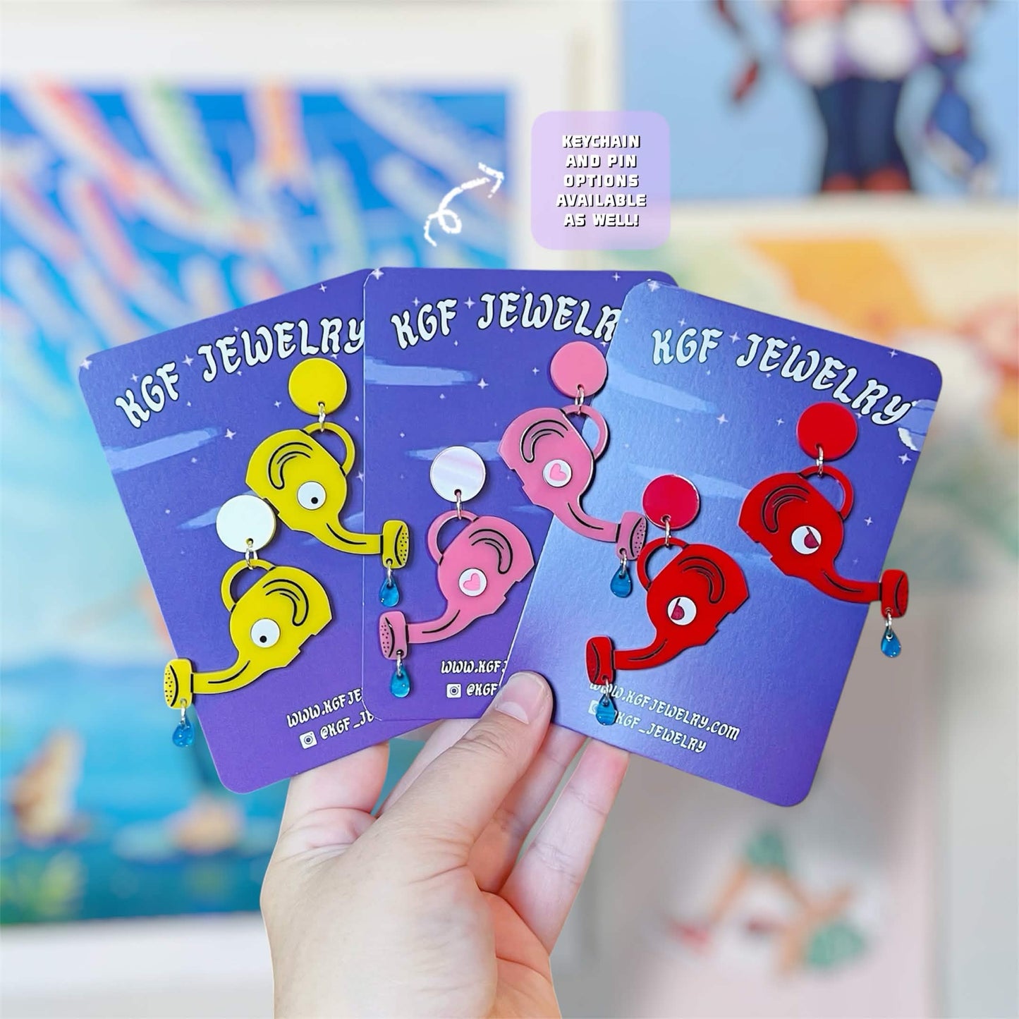 Elephant Watering Can Video Game Handmade Acrylic Earrings, Keychains, Pins