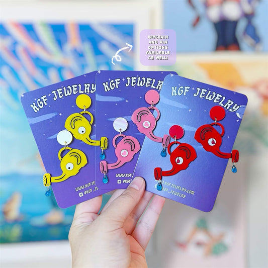 Elephant Watering Can Video Game Handmade Acrylic Earrings, Keychains, Pins