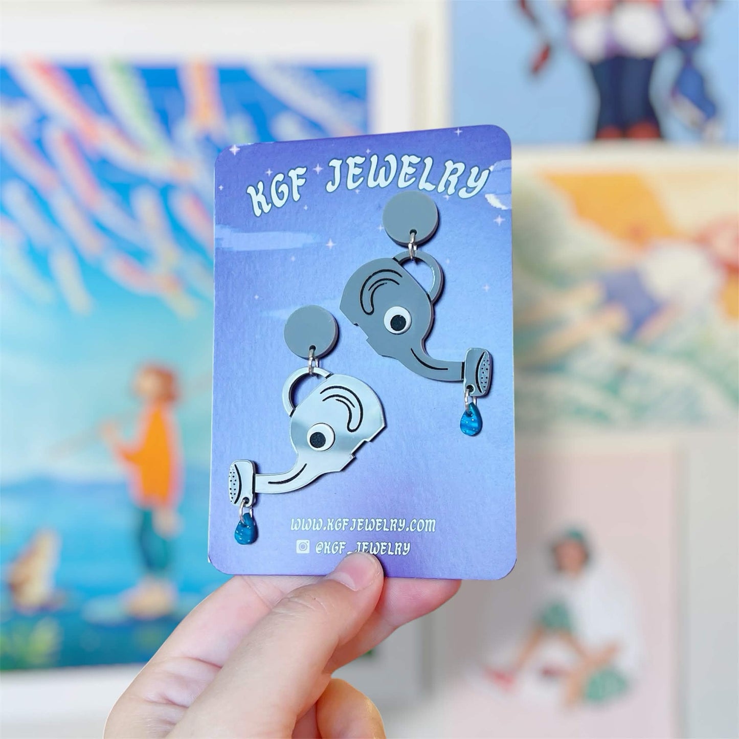 Elephant Watering Can Video Game Handmade Acrylic Earrings, Keychains, Pins