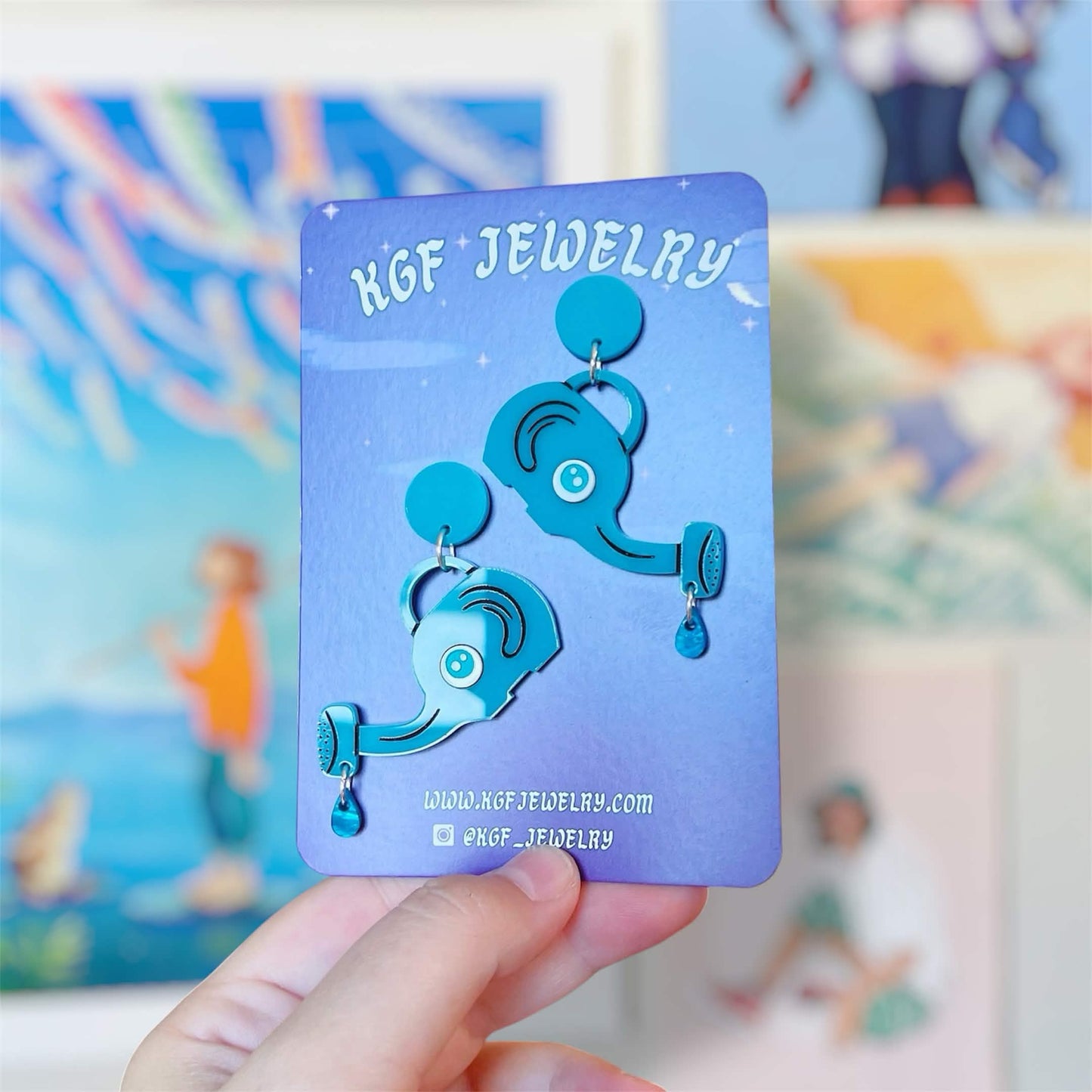 Elephant Watering Can Video Game Handmade Acrylic Earrings, Keychains, Pins