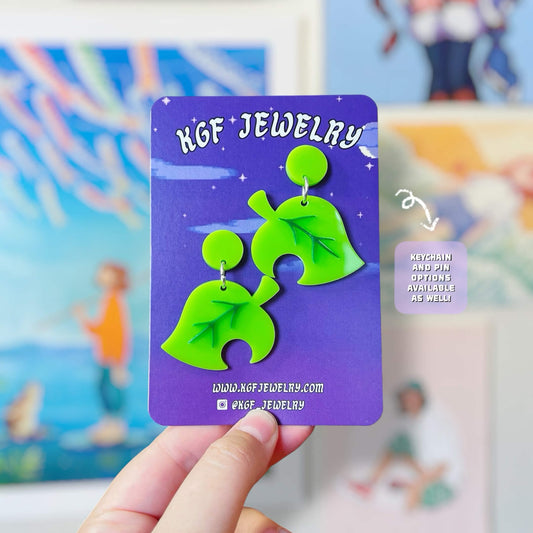 Leaf Video Game Handmade Acrylic Earrings, Keychains, Pins