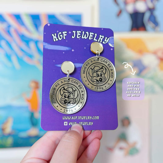 Chuck E Coin Handmade Acrylic Earrings, Keychains, Pins