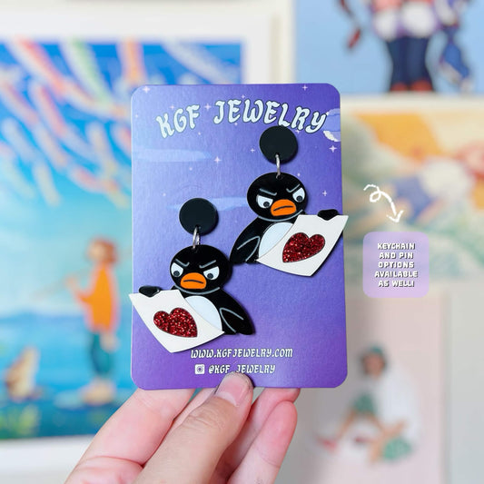 Pingu Art Meme Handmade Acrylic Statement Earrings, Keychains, Pins