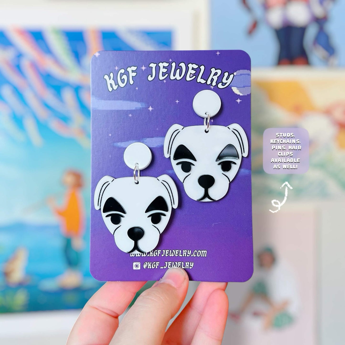 KK Slider Handmade Acrylic Statement Earrings, Keychains, Pins, Hair Clips