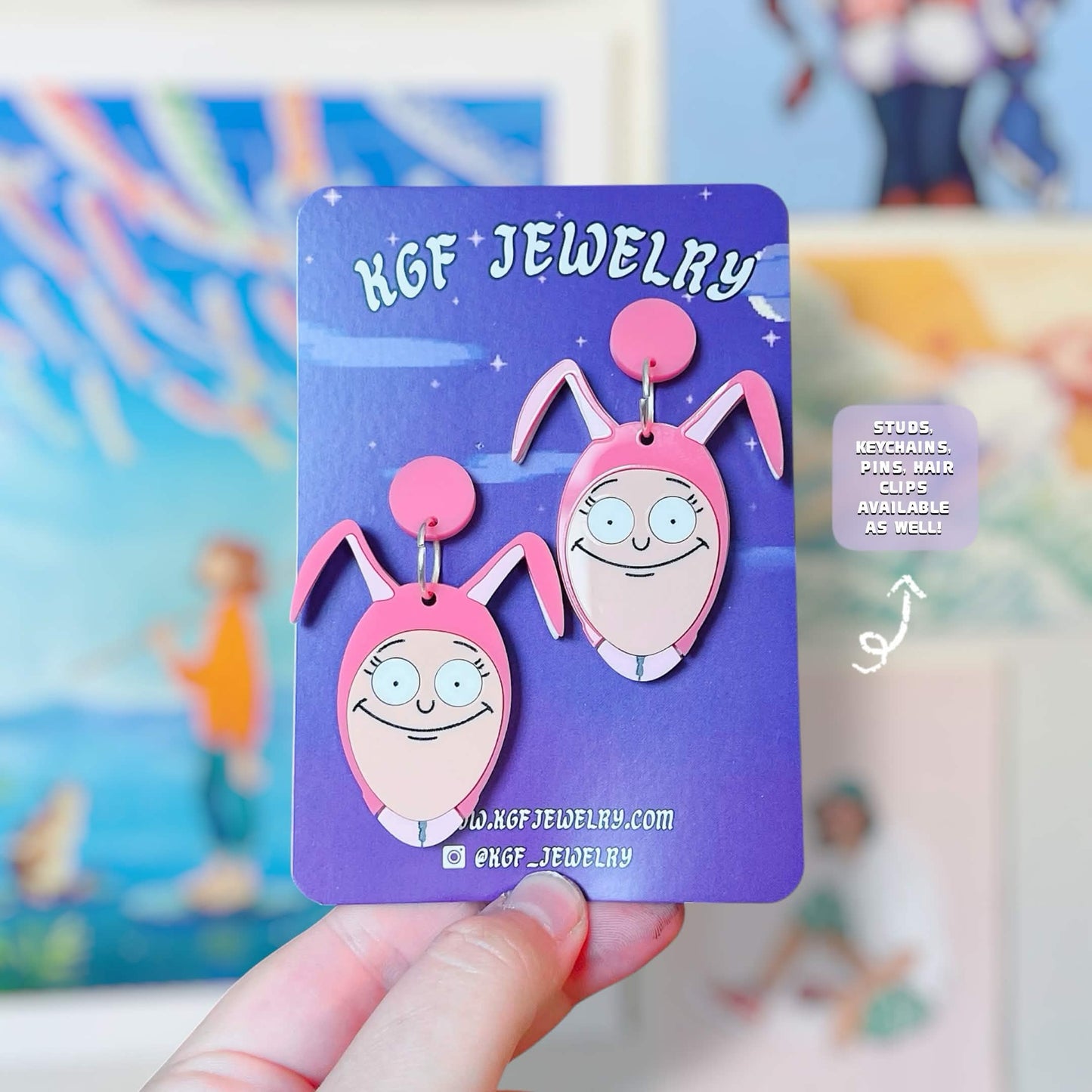 Bunny Millie Handmade Acrylic Earrings, Keychains, Pins, Hair Clips