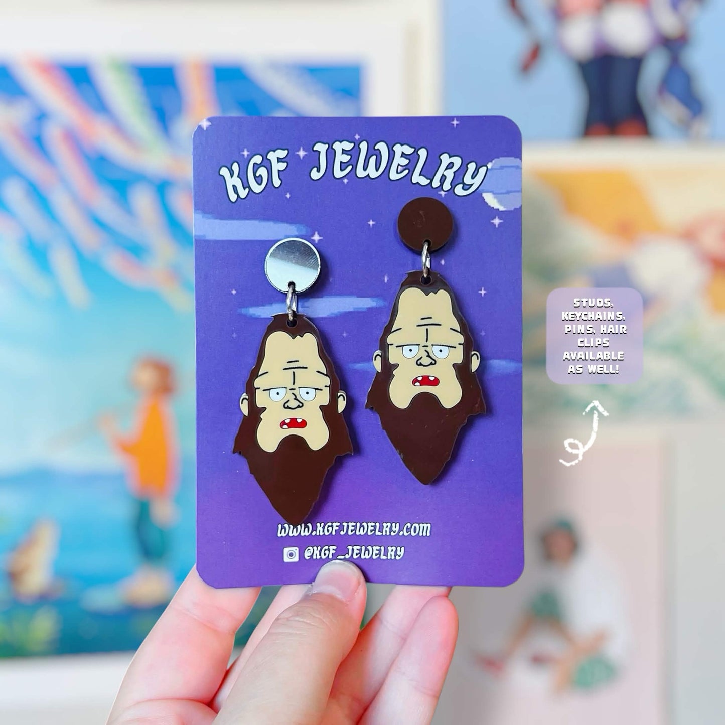 Beefsquatch Handmade Acrylic Earrings, Keychains, Pins, Hair Clips