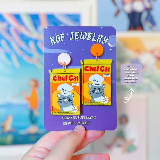 Chef Cat Handmade Acrylic Earrings, Keychains, Pins, Hair Clips