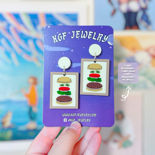 Deconstructed Burger Painting Handmade Acrylic Earrings, Keychains, Pins, Hair Clips