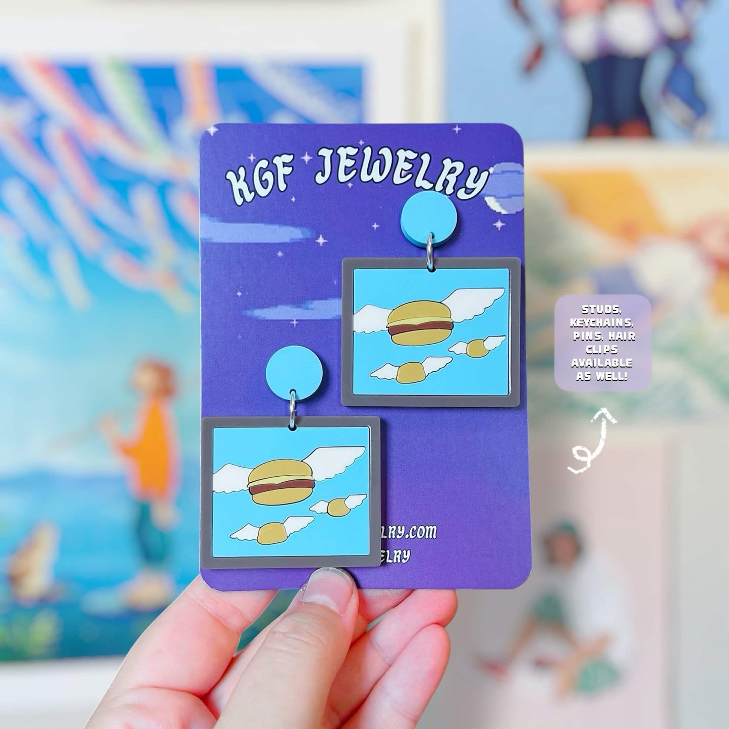 Flying Burgers Handmade Acrylic Earrings, Keychains, Pins, Hair Clips