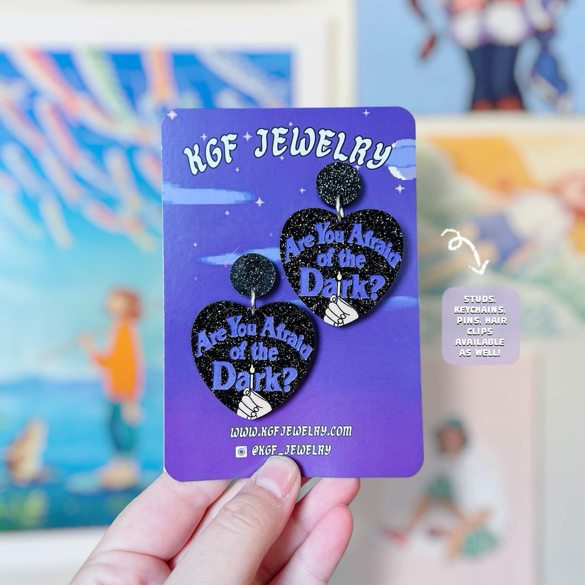 Afraid of the Dark Handmade Acrylic Statement Earrings, Keychains, Pins, Hair Clips