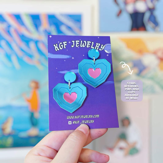 Piece of Heart Video Game Handmade Acrylic Earrings, Keychains, Pins, Hair Clips