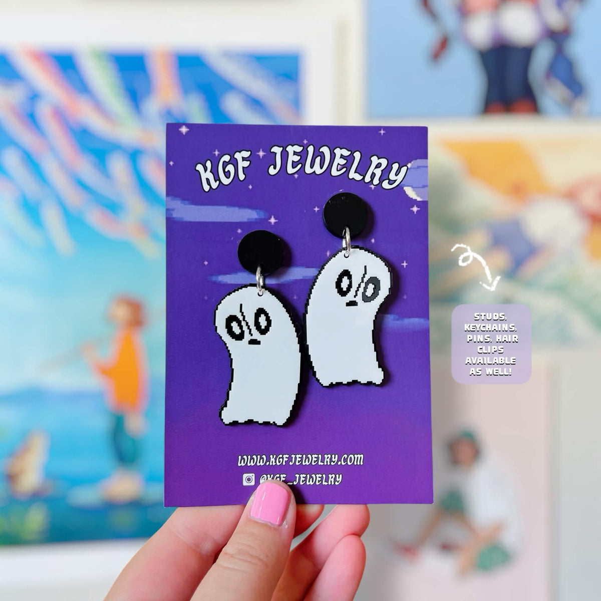 Napstablook Ghost Handmade Video Game Acrylic Statement Earrings, Keychains, Pins, Hair Clips
