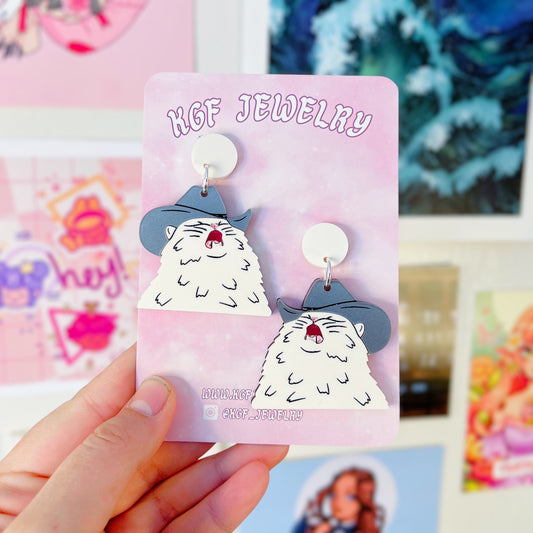 Meowdy Partner Acrylic Earrings, Keychain, Pin