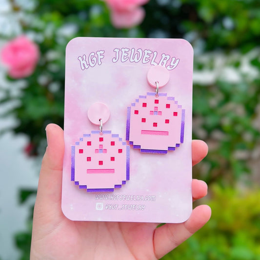 Pink Cake Acrylic Earrings, Keychains, & Pins